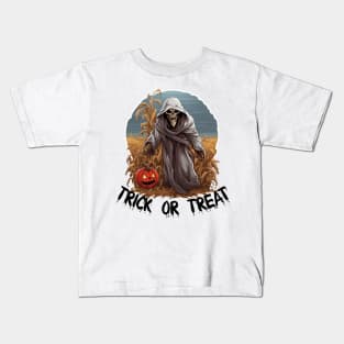 Grim Reaper In A Cornfield - Trick Or Treat (Black Lettering) Kids T-Shirt